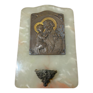 Large Antique Tschudin Religious Catholic Onyx Stone Bronze Wall Font Plaque