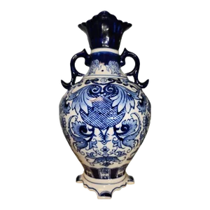 20th Century Continental Twin Handled Blue and White Vase
