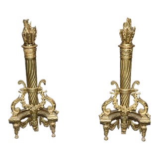 Pair Louis XVI Style Brass Fireplace Andirons Chenets For Sale