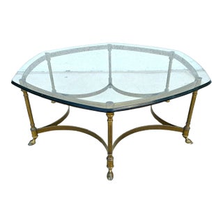 Vintage LaBarge Hexagonal Brass Hoof Footed Glass Top Coffee Table For Sale