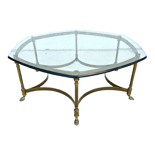 Vintage LaBarge Hexagonal Brass Hoof Footed Glass Top Coffee Table For Sale