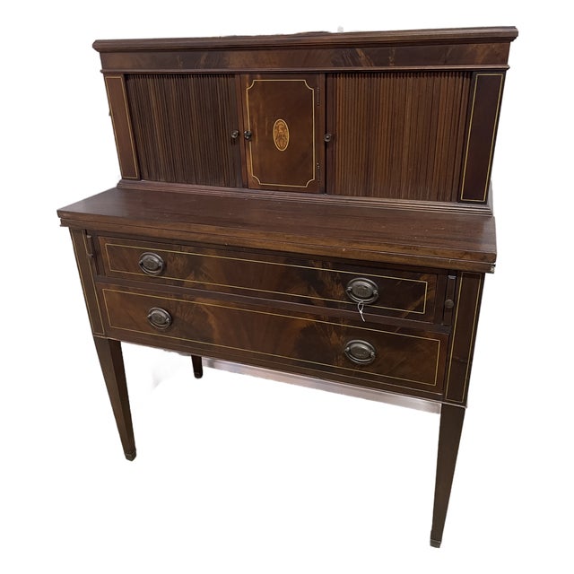 Vintage Inlaid Wood Secretary Desk With Fold-Out Panel For Sale