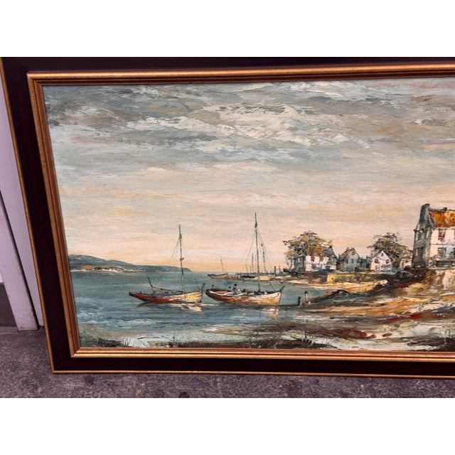 Design Plus Gallery presents a Vintage Coastal Harbor Sailboats Oil Painting by Artist J. Clement. This vintage oil on...