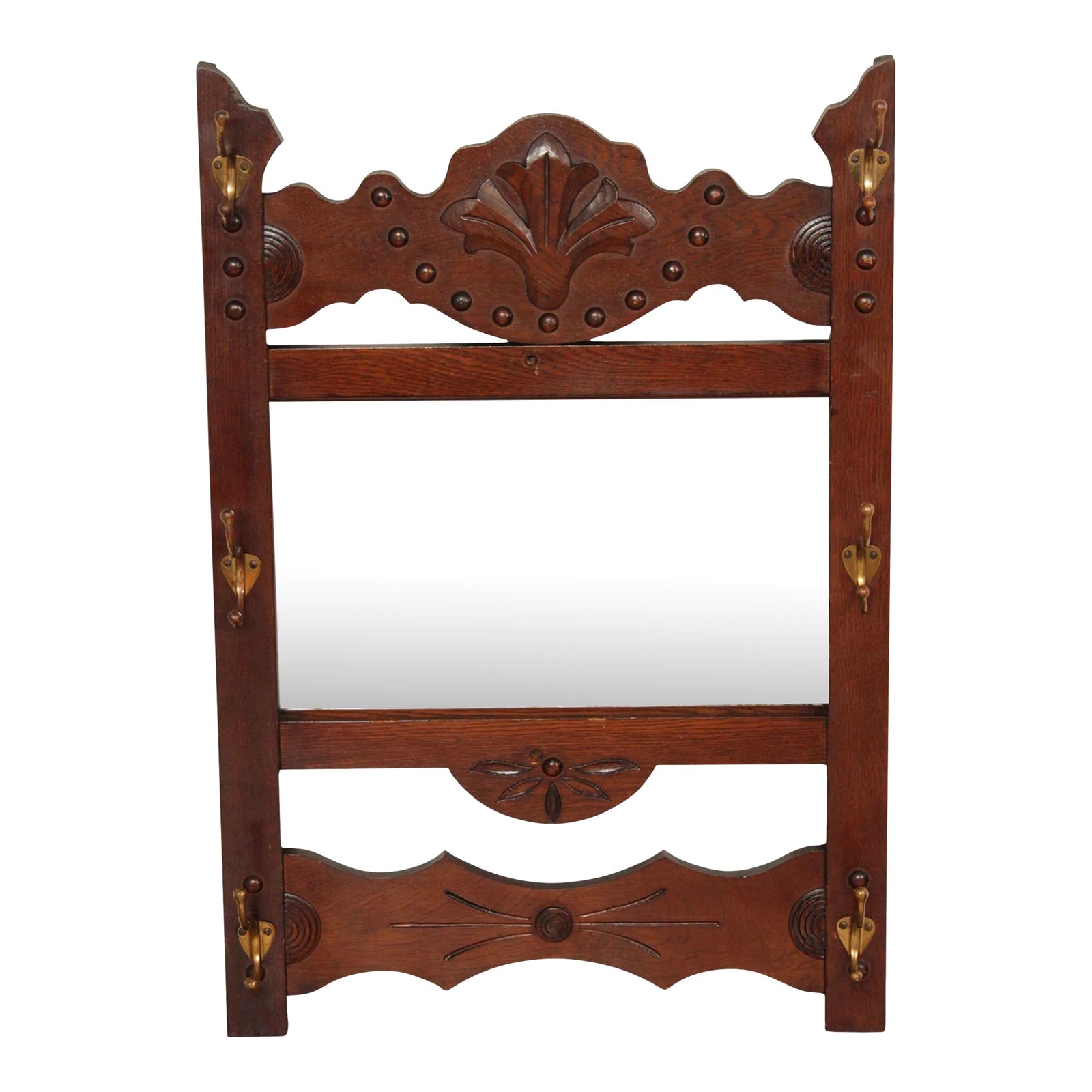 Antique Victorian Oak Hat Rack Wall Mirror | Chairish