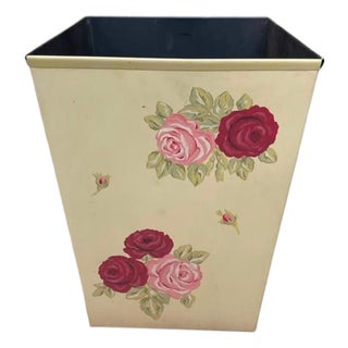 Vintage Hand-Painted Floral Metal Wastebasket For Sale