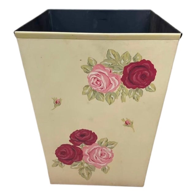 Vintage Hand-Painted Floral Metal Wastebasket For Sale
