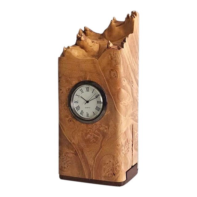Michael Elkan Signed Hand-Carved Curly Maple Burl Desk Clock With Hidden Compartment For Sale