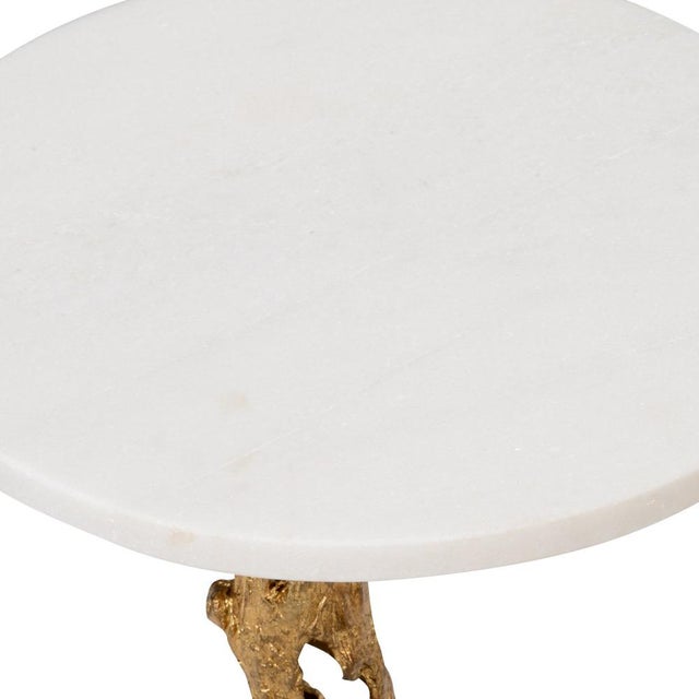 Cast aluminum side table with antique gold leaf finish and a natural white marble top 22h x 16w x 16d