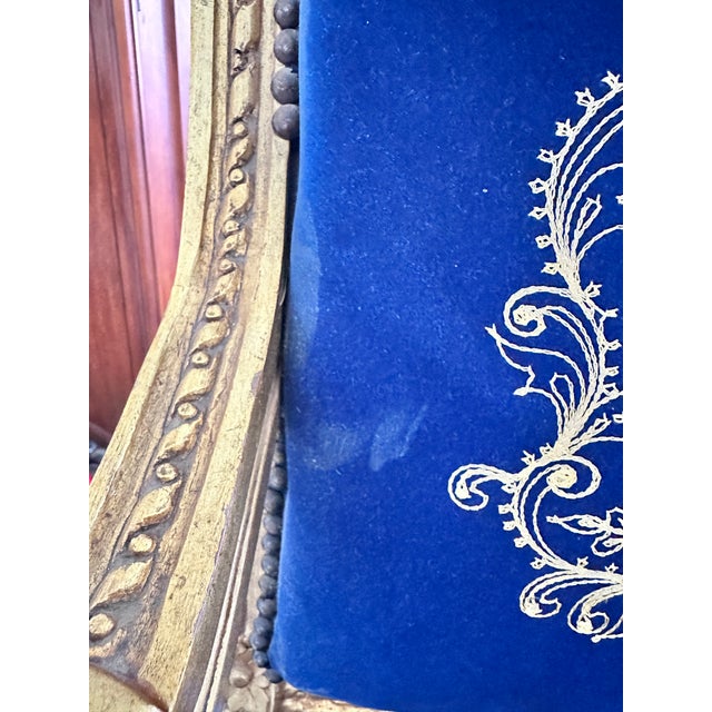Mid 20th Century French Louis XVI Style Giltwood & Navy Embroidered Velvet Fauteuils- Pair For Sale - Image 16 of 18