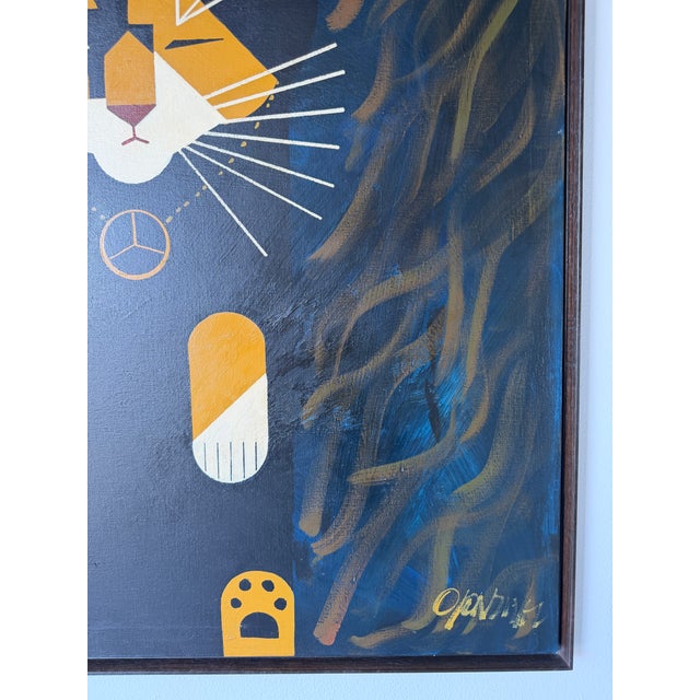 Large Vintage Abstract Geometric Cat Acrylic on Canvas – Framed For Sale - Image 9 of 16