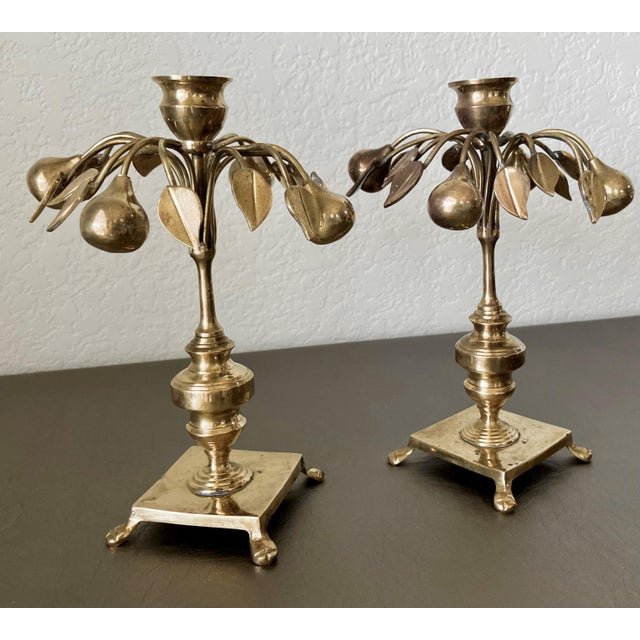 Circa 1970 Mottahedeh Brass Pear Tree Candlestick Holders - A Pair For Sale - Image 14 of 18