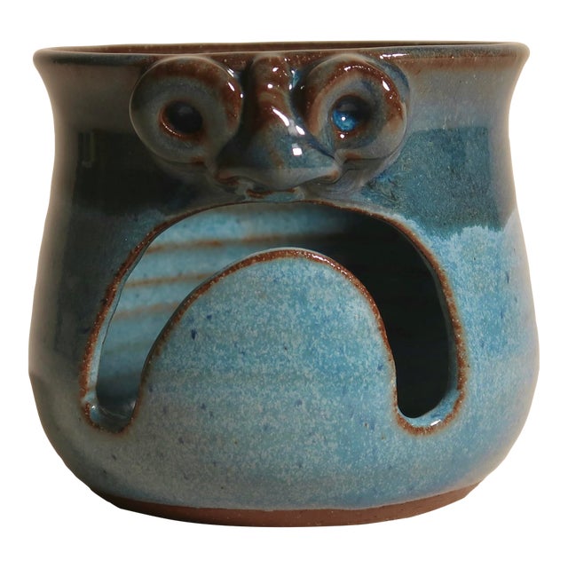 Handmade in Pennsylvania MudWorks Pottery Blue Stoneware Candle Holder With Sad Face For Sale