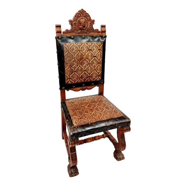 Antique Spanish Castilian Renaissance Revival Armchair in Hand-Carved Wood with Leather Upholstery, 1800s For Sale