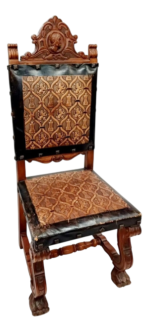 Antique Spanish Castilian Renaissance Revival Armchair in Hand-Carved Wood with Leather Upholstery, 1800s