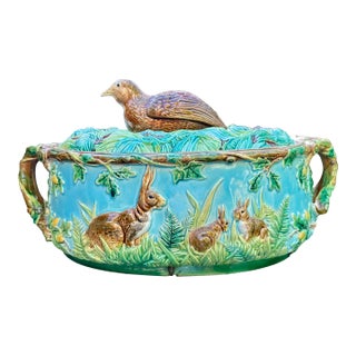 George Jones Majolica Game Pie Dish Tureen With Quail and Rabbits, Circa 1875 For Sale