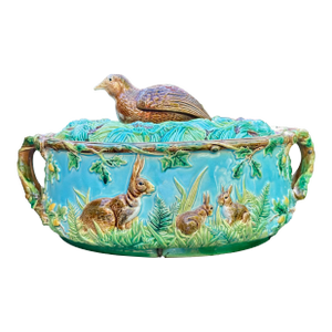 George Jones Majolica Game Pie Dish Tureen With Quail and Rabbits, Circa 1875