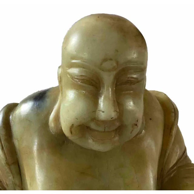 Chinese Monumental Antique Chinese Jade-Like Happy Buddha Sculpture on Custom Wooden Base, One-Piece Hand-Carved Jade | Symbol of Prosperity & Joy For Sale - Image 3 of 12