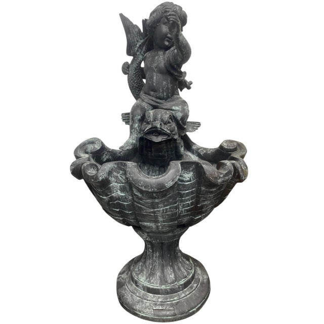 Vintage Neoclassical Bronze Cherub Riding Dolphin Shell Basin Fountain For Sale In West Palm - Image 6 of 12