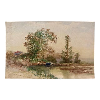 Early 20th Century Attributed to Frank Henry Mason Riverside House Trees Original Watercolor Landscape For Sale