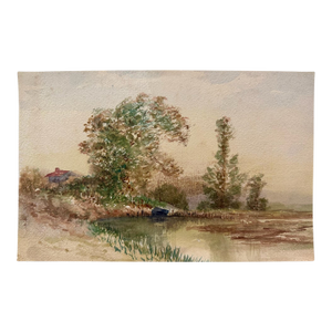 Early 20th Century Attributed to Frank Henry Mason Riverside House Trees Original Watercolor Landscape