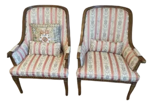 Pair of Antique Louis XVI-Style Bergère Armchairs With Carved Wood Frames and Striped Upholstery