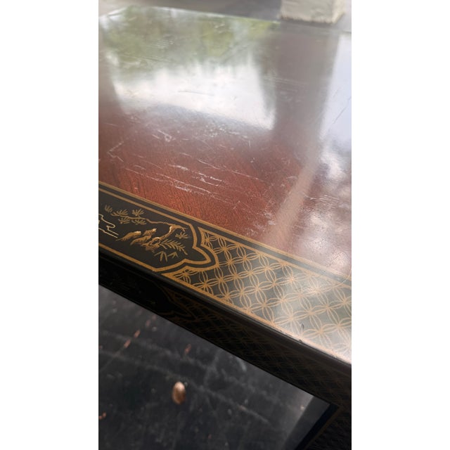 1980s Drexel Heritage Chinoiserie Parsons Side Tables, Pair – Lacquered With Gilt Asian Motif Inlay For Sale - Image 9 of 14