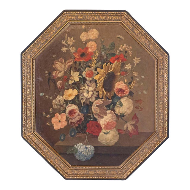 French Restauration Period 1820s Framed Octagonal Painting Depicting a Bouquet For Sale