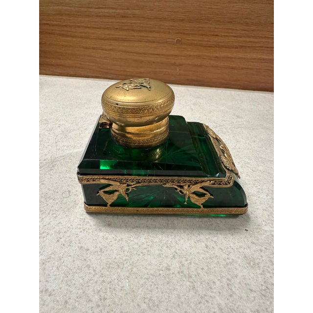 Antique French Empire Style Emerald Green Glass & Gilt Inkwell For Sale - Image 4 of 10