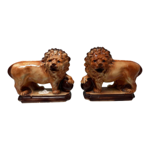 Pair of Antique Staffordshire Recumbent Lions