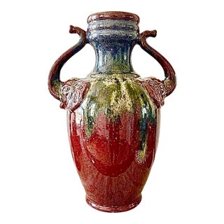 Vintage Oxblood Amphora Vase, Art Deco Red Elephant Handle, Cobalt Drip Glaze For Sale