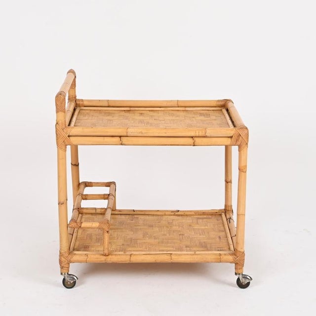 Wood Mid-Century Italian Rectangular Bamboo, Rattan and Wicker Serving Bar Cart, 1960s For Sale - Image 7 of 13