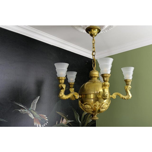 1920s Art Deco Bronze and Frosted Glass Chandelier, 1920 For Sale - Image 5 of 18