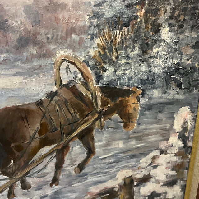 20th Century European School Oil on Canvas by Polish Artist Edward Mesjasz (1929-2007) Depicting Winter Horses Hauling Woods For Sale - Image 11 of 12