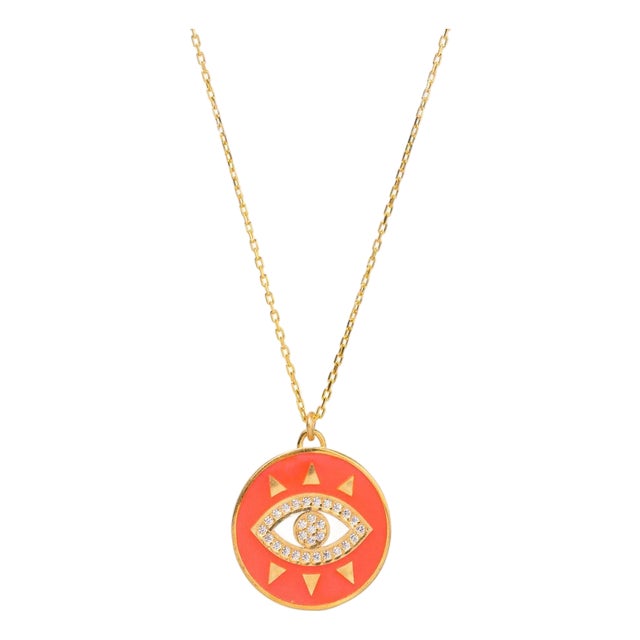 Cheerful Neon Pink Evil Eye & Diamond Pendant Gold Chain Necklace For Sale