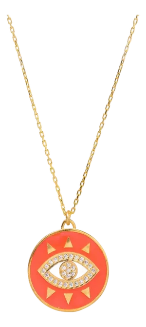Cheerful Neon Pink Evil Eye & Diamond Pendant Gold Chain Necklace