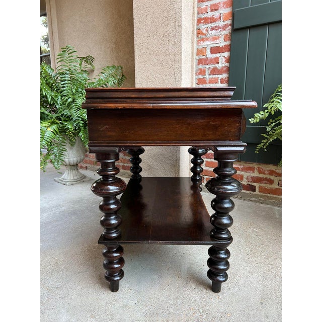 Antique English Hall Sofa Table Sideboard Carved Oak Bobbin Leg C1910 For Sale - Image 9 of 12