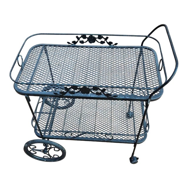 Late 20th Century Outdoor Patio Table Wrought Iron Rolling Bar Cart For Sale