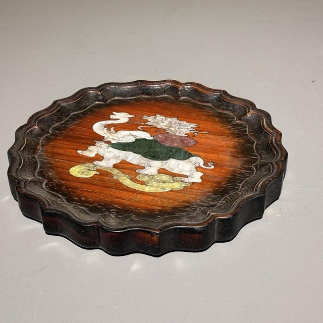 Brown 1990s Hardwood Scalloped Round Tray With Mother-of-Pearl Inlay Auspicious Elephant Motif, Chinoiserie Decorative Plate For Sale - Image 8 of 9