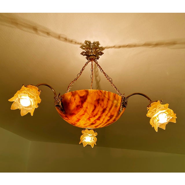 Metal Art Deco Pendant Light in Alabaster Marble and Bronze, 1930s For Sale - Image 7 of 18