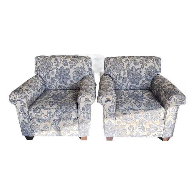 Pair of Smith Brothers Blue and Cream Botanical Floral Upholstered Rolled Armchairs For Sale