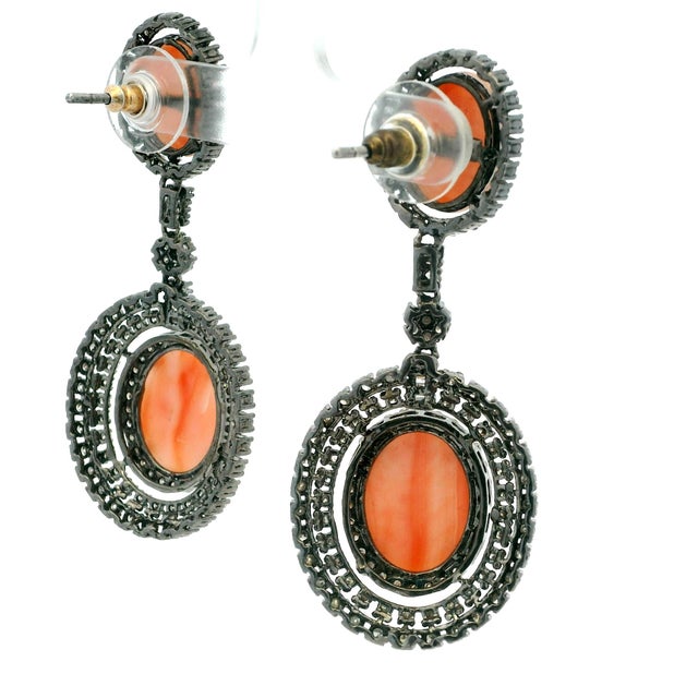 1980s Indian Coral and Diamond Drop Earrings in Oxidized Silver, Circa 1980, A Pair For Sale - Image 5 of 9