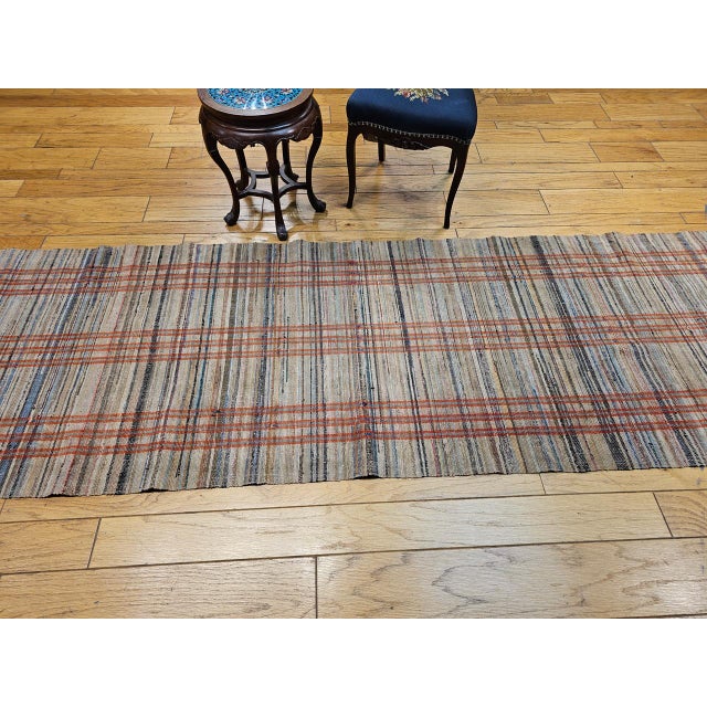 Vintage American Rag Runner, Hand-Woven Wool & Cotton, Ivory & Red Stripe Pattern, 3x13 For Sale - Image 13 of 14