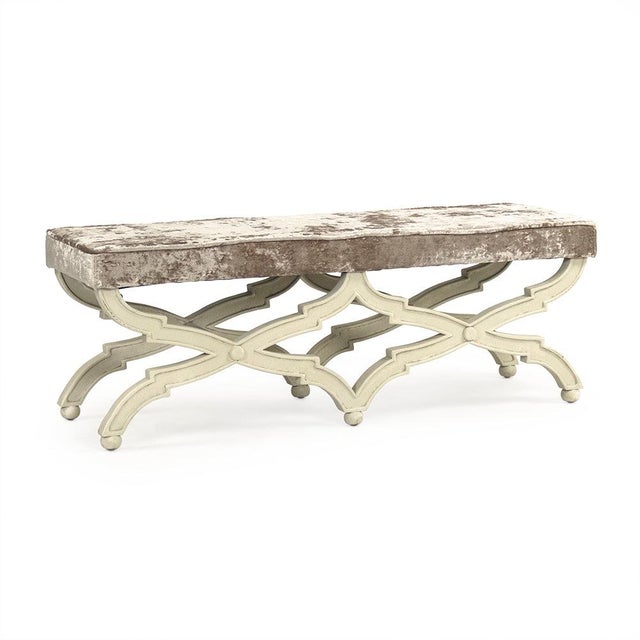 French Country Crescenzo Double Bench - Crushed Champagne Velvet / Ivory Painted Frame For Sale - Image 3 of 3