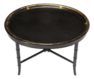 Antique Papier Mache Table, Hand Painted Black and Gold Tray on Later Stand, 19thC