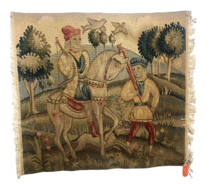 1990s Hand Woven Wool Tapestry Fragment Featuring a Man on Horseback With Guide in Gold, Green and Red Colors
