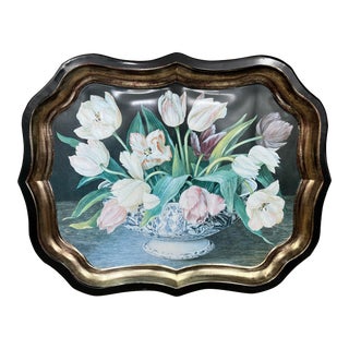 Vintage English Tole Metal Tray Chinoiserie Bowl With Tulips Made in England For Sale