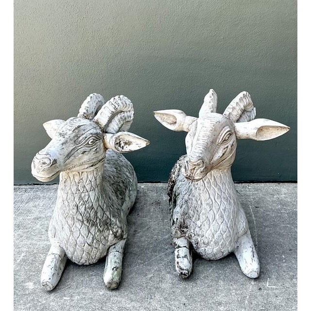 Wood Vintage Monumental Distressed Hand Carved Rams - A Pair For Sale - Image 7 of 13