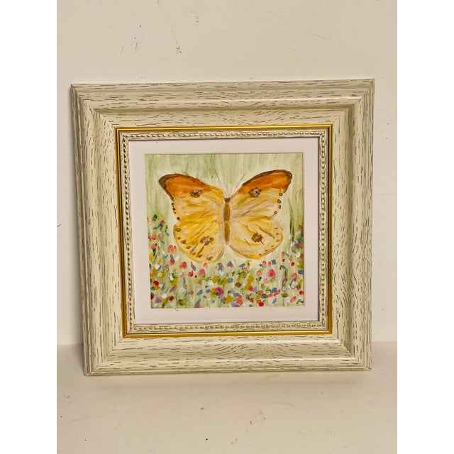Lovely abstract modern acrylic mini painting of a Butterfly by Elia framed in white gold frame.