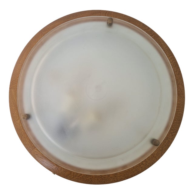 Large Flushmount Lamp in Oak and Glass from Hustadt Leuchten, 1970s For Sale