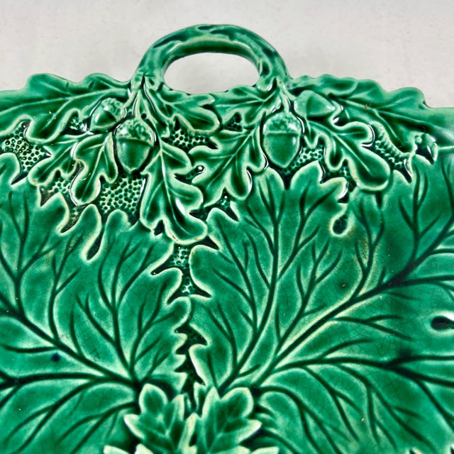 Majolica English Majolica Greenware Acorn Oak Leaf Twig Handled Deep Dish Server For Sale - Image 4 of 11
